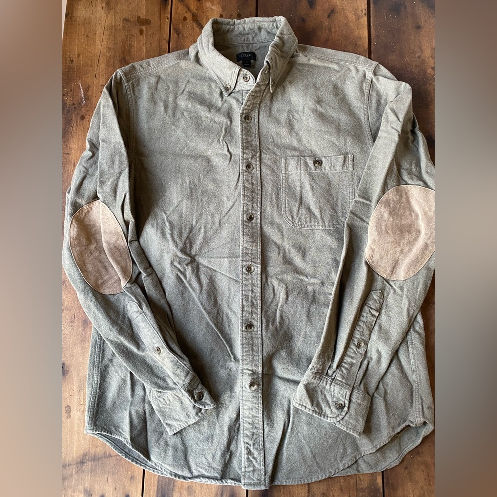 J. Crew Olive Green Shirt Jacket with Tan Elbow Patches